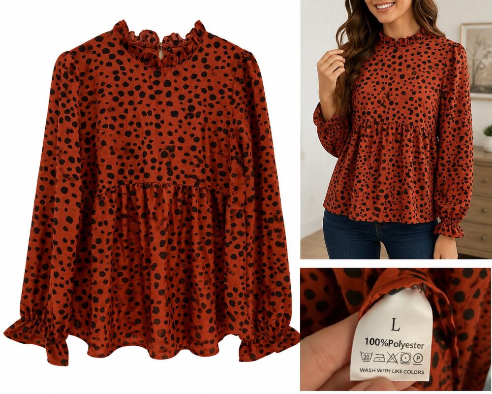 Rust Orange & Black Polka Dot Ruffle Neck Peplum Blouse – Women's Large
